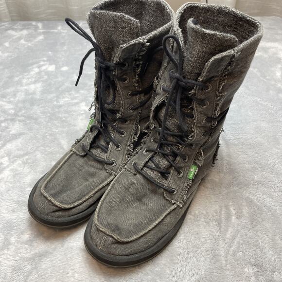 Sanuk Stevie Sidewalker Surfer Boots Womens 8 Gray Canvas Lace Up Mid-Calf - Picture 1 of 7